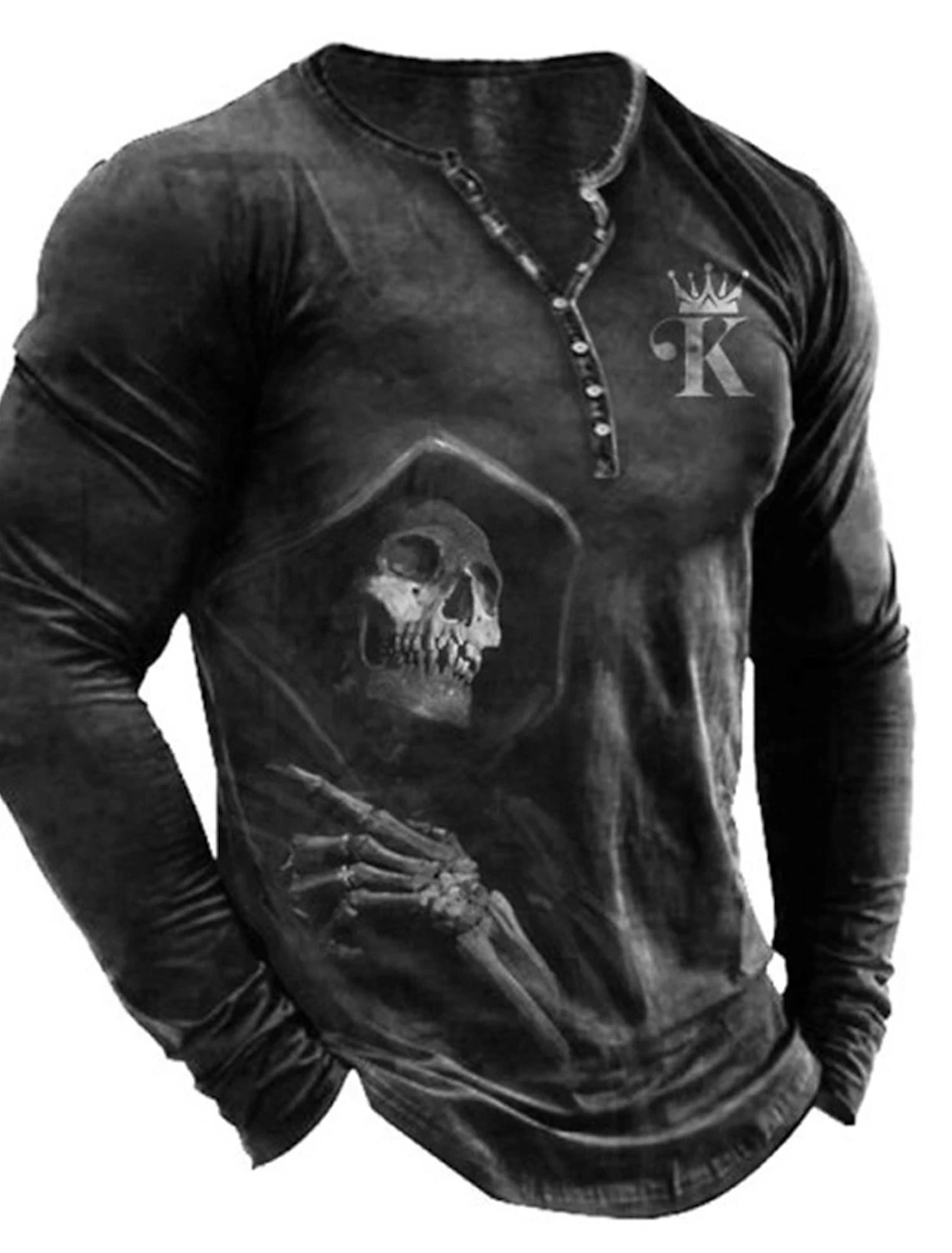 Button-Up V-Neck Vintage Skull King Short Sleeve Goth T-Shirt for Men Punk Street Wear for Men Oversized Brazilianspanisht-Shirt