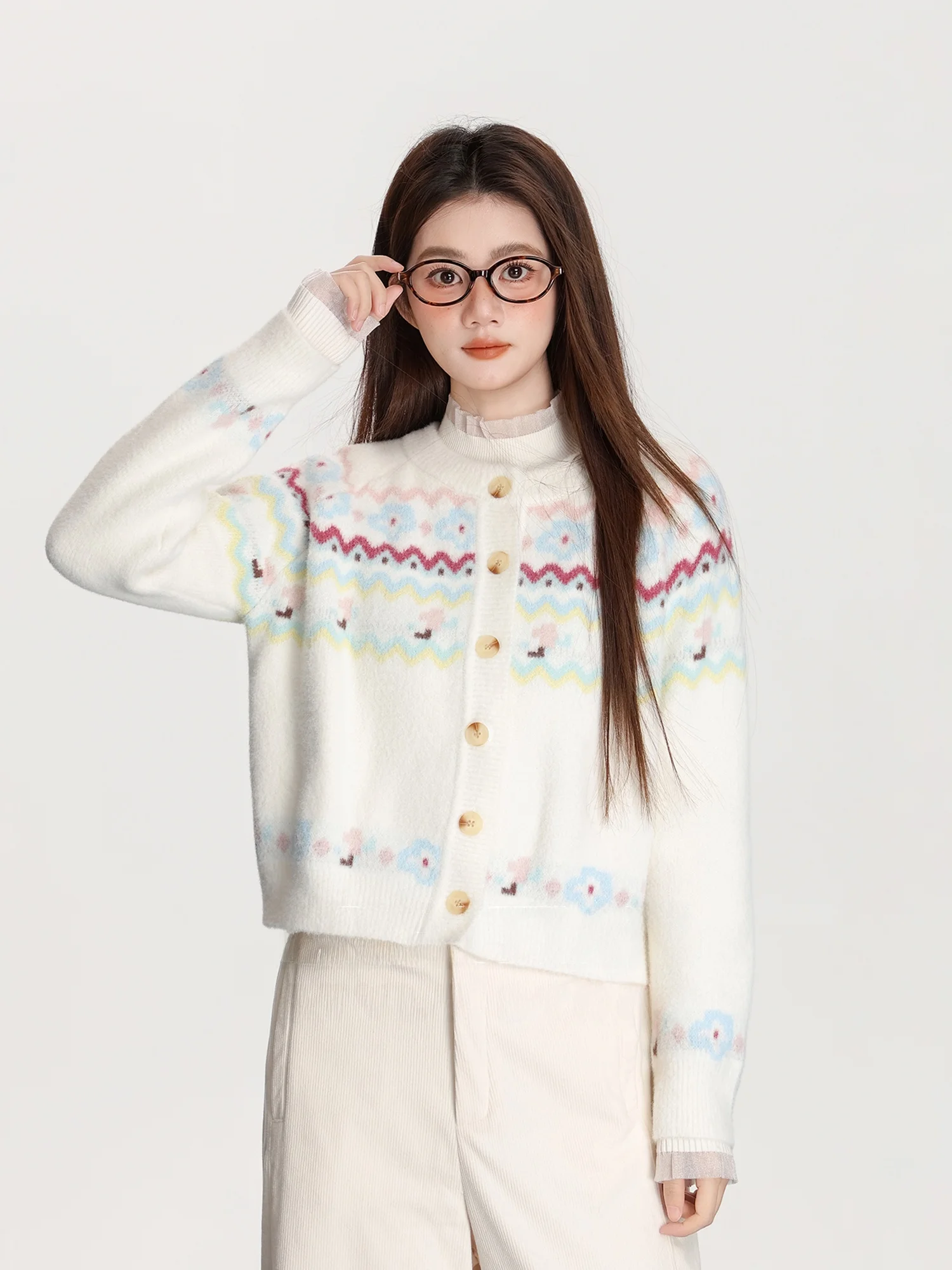 

Nordic Sle Fretwork Knitted Open Cardigan Women's Spring 2026 New Sweet Milk Fufu Sweater Jaet Top Floral Pattern Long Sl...