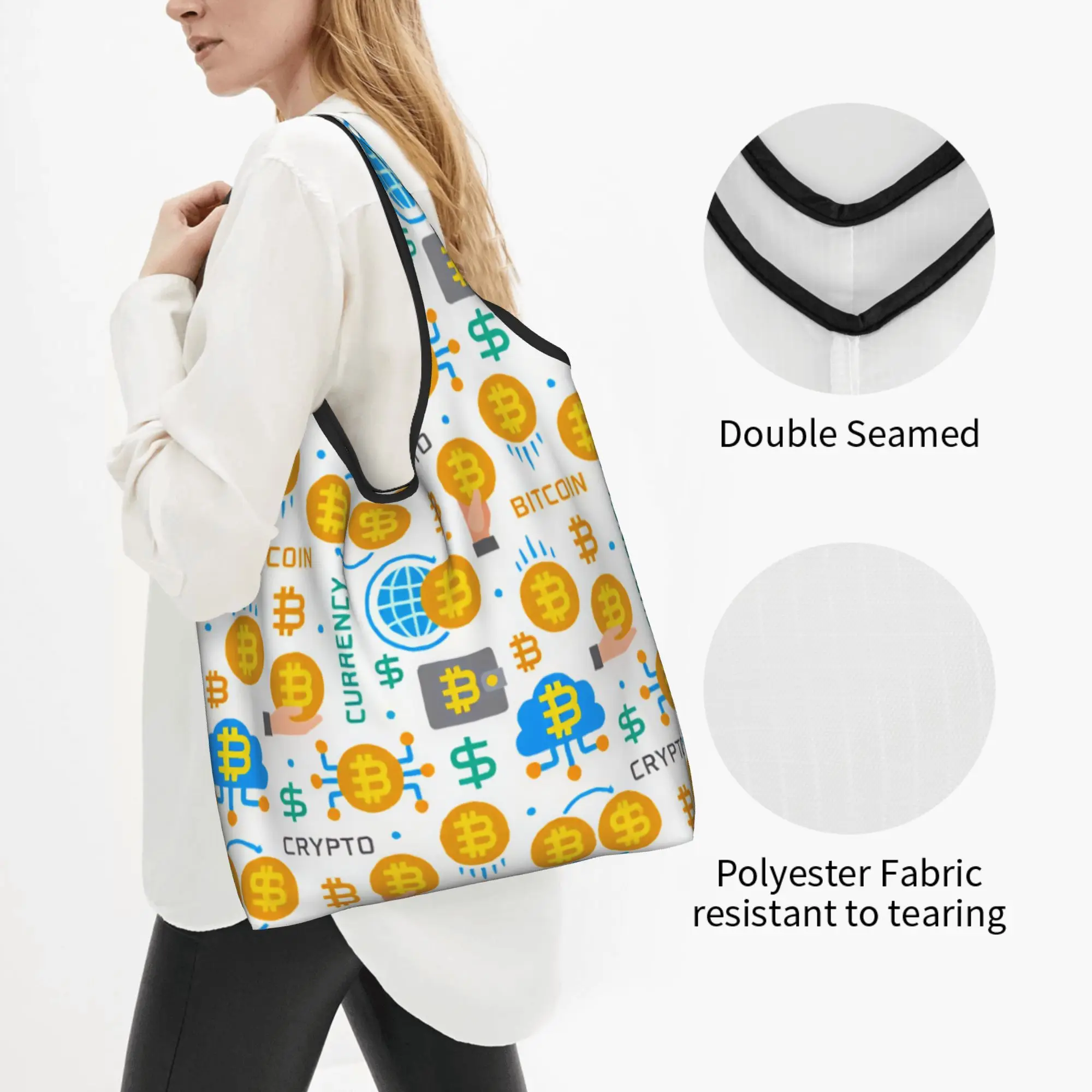 Cute Crypto Virtual Currency Bitcoin Shopping Tote Bags Portable  Grocery Shoulder Shopper Bag