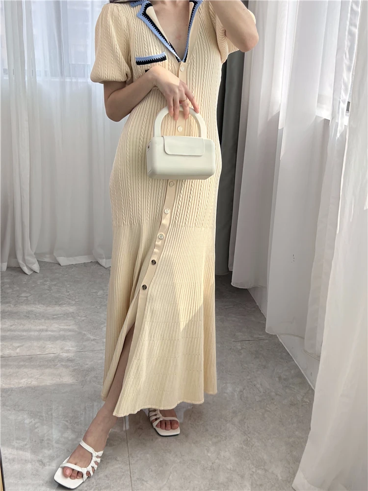 

Slim fishtail skirt,V-neck knitted dress with waistband, SD French style small fragrance, double S embroidery Button have letter