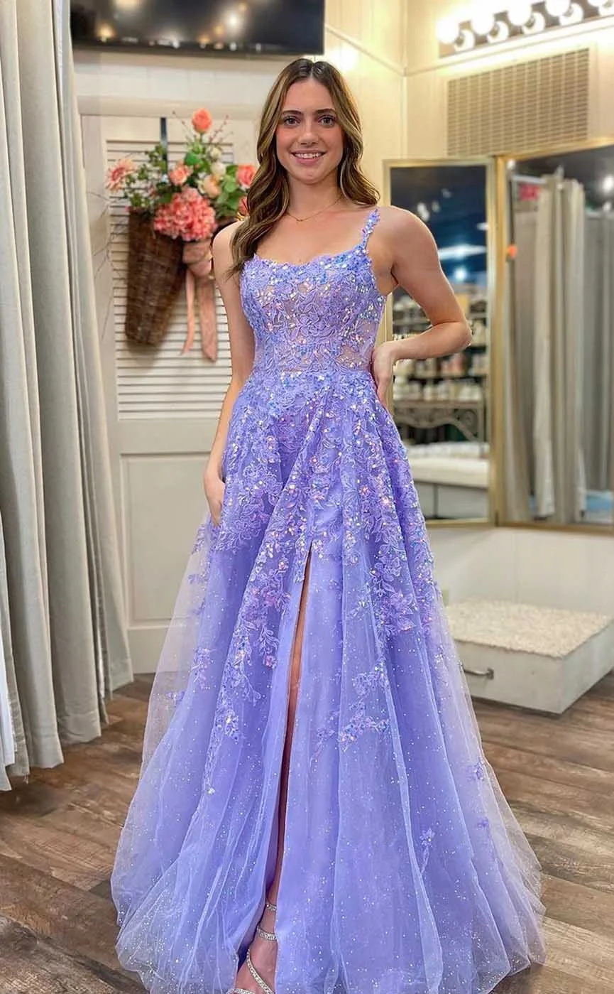 

Sparkly Lavender Tulle Long Evening Dresses With Pockets Spaghetti Straps High Slit Appliques Prom Dress Elegant Homecoming Gown