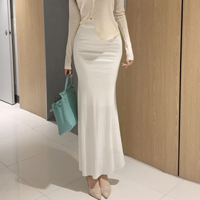 Beige Long Mermaid Skirts Sexy Women Cotton High Elastic Waist Fishtail Vintage Bodycon Skirt Slim Korean Casual Harajuku N389