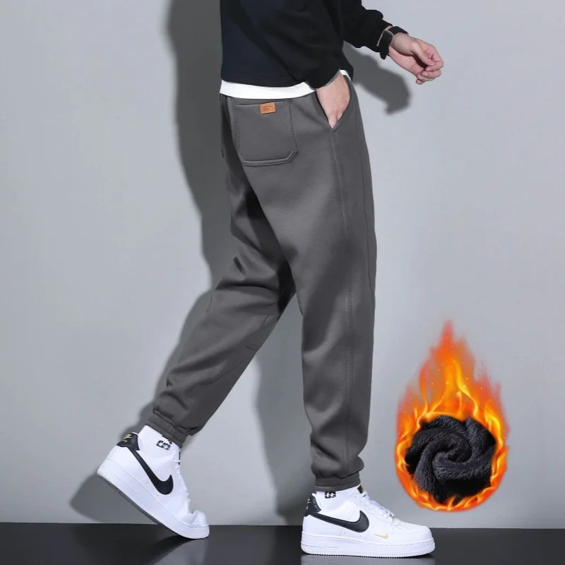 

Winter Classic Black Fleece Casual Sweatpants Men's Trendy Brand Loose Harem Pants Thickened Warm Overalls Navy Blue M-5XL