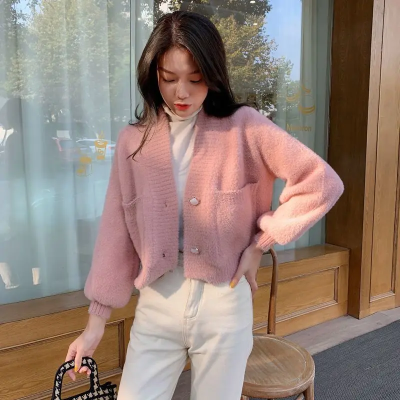 Nieuwe herfst winter korte V-hals gebreid vest voor dames imitatie nertsen losse verdikte trui jas