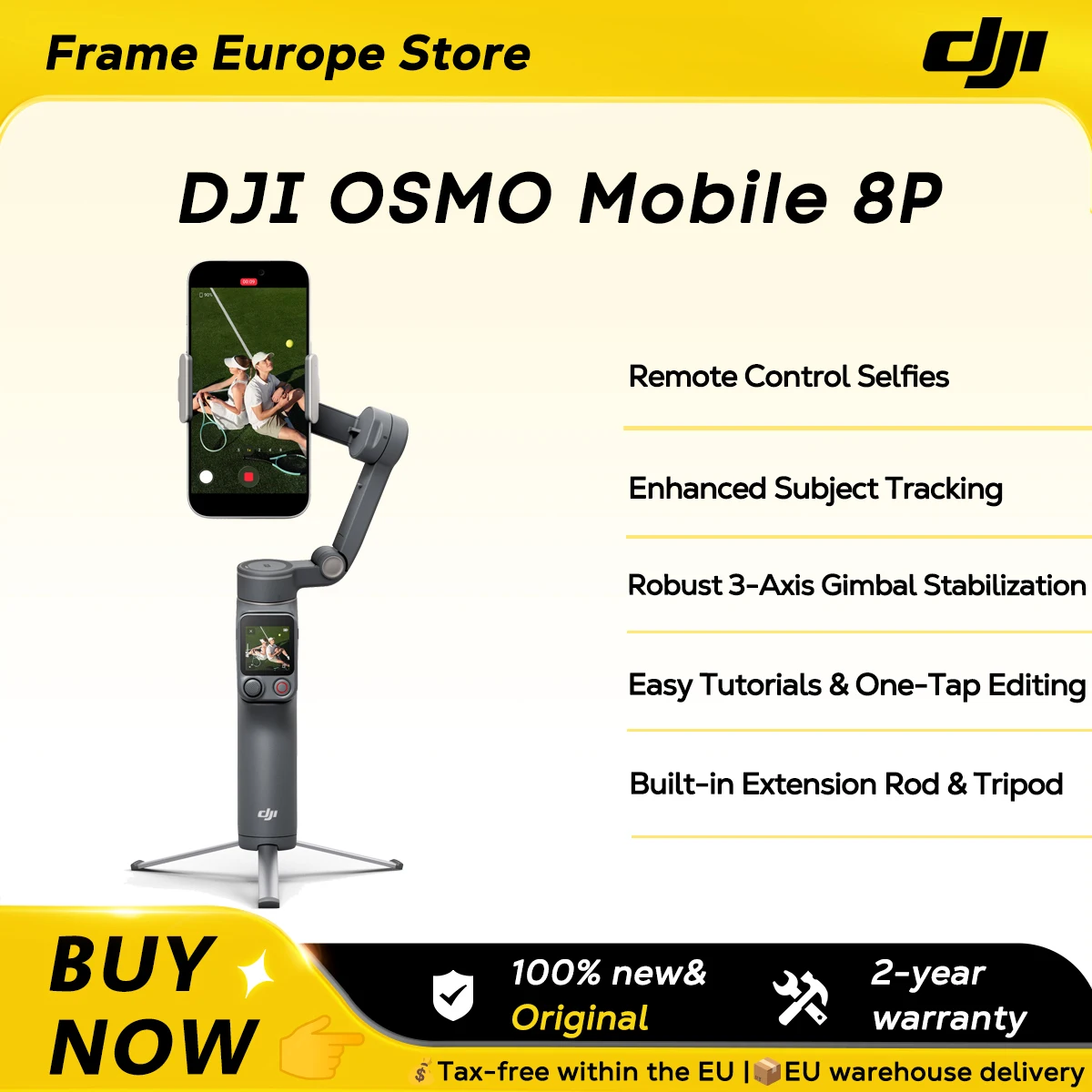 【LOCAL+】DJI OSMO Mobile 8P Stabilisator-Gondel für iPhone und Android, Funksteuerung, natives Tracking, integrierte Verlängerungsstange und Stativ, 10 Stunden Akkulaufzeit, 3-Achsen-Stabilisierung,