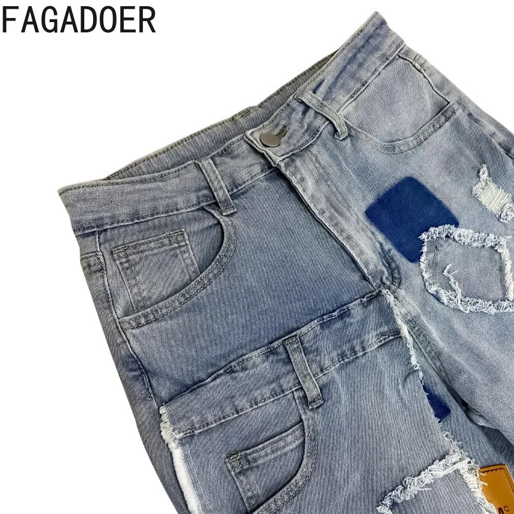 FAGADOER Vintage Fashion Denim Straight-leg Pants Women Solid Irregular Cargo Patchwork Jeans Female Streetwear Bottoms 2025 New