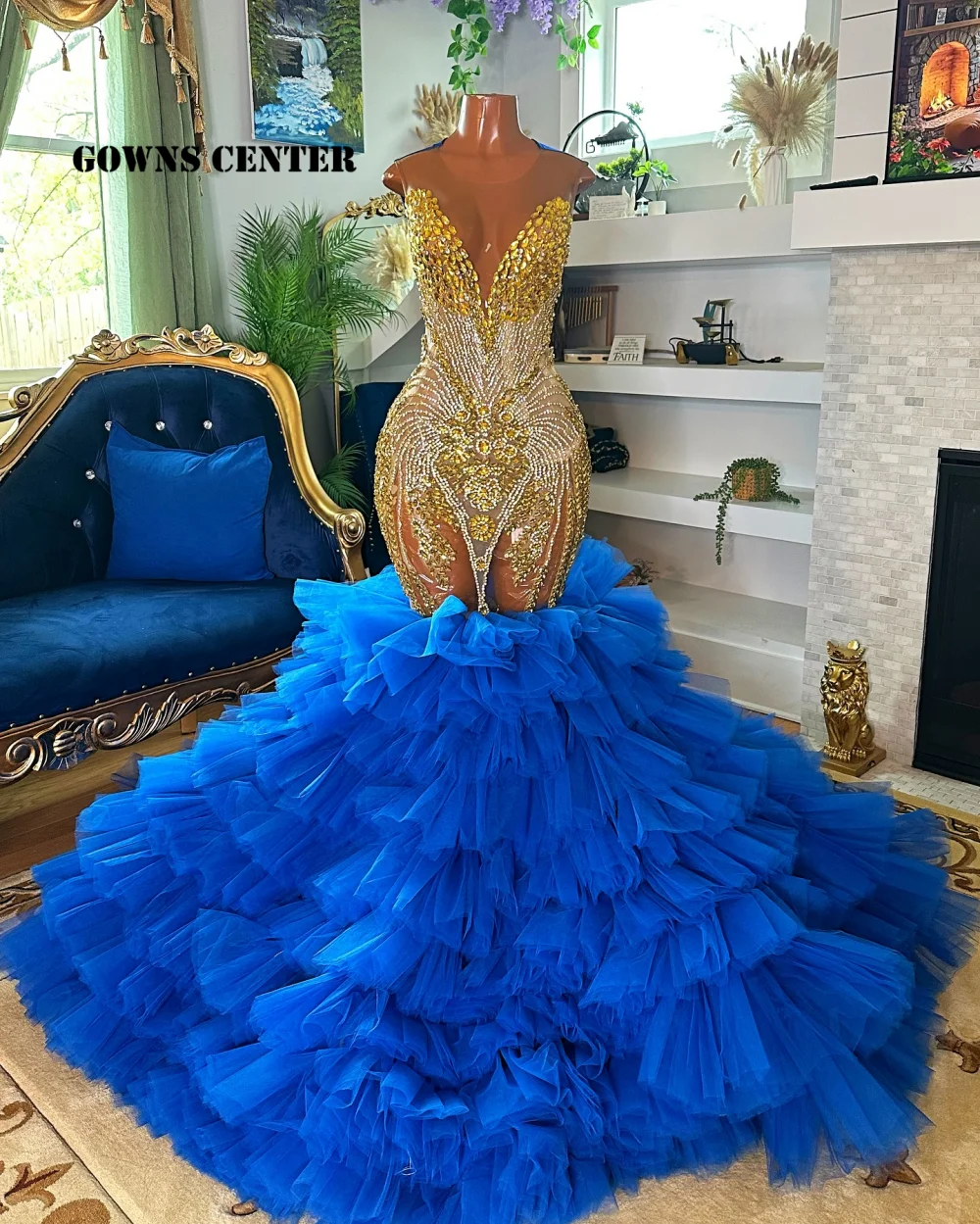 Królewsko Niebieskie Sukienki Syreny Z Złotymi Cyrkoniami Na Imprezę, Bal, Ślub, Wieczór, Dla Czarnoskórych Dziewcząt, Luksusowe, Na Urodziny, Szyte Na Miarę