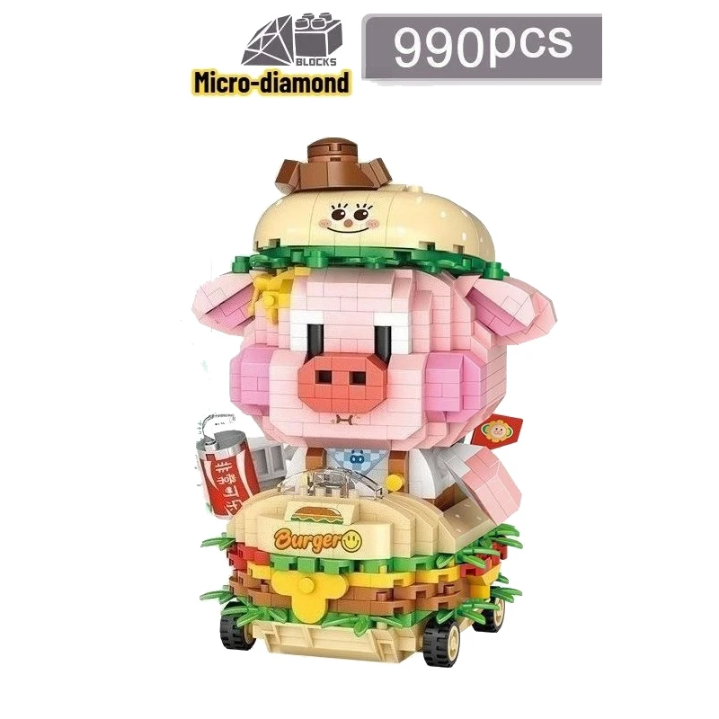 

Cute Hamburger Pig Micro-diamond Particles Cute Doll Assembled Building Blocks Children's Educational Home Decor Toys