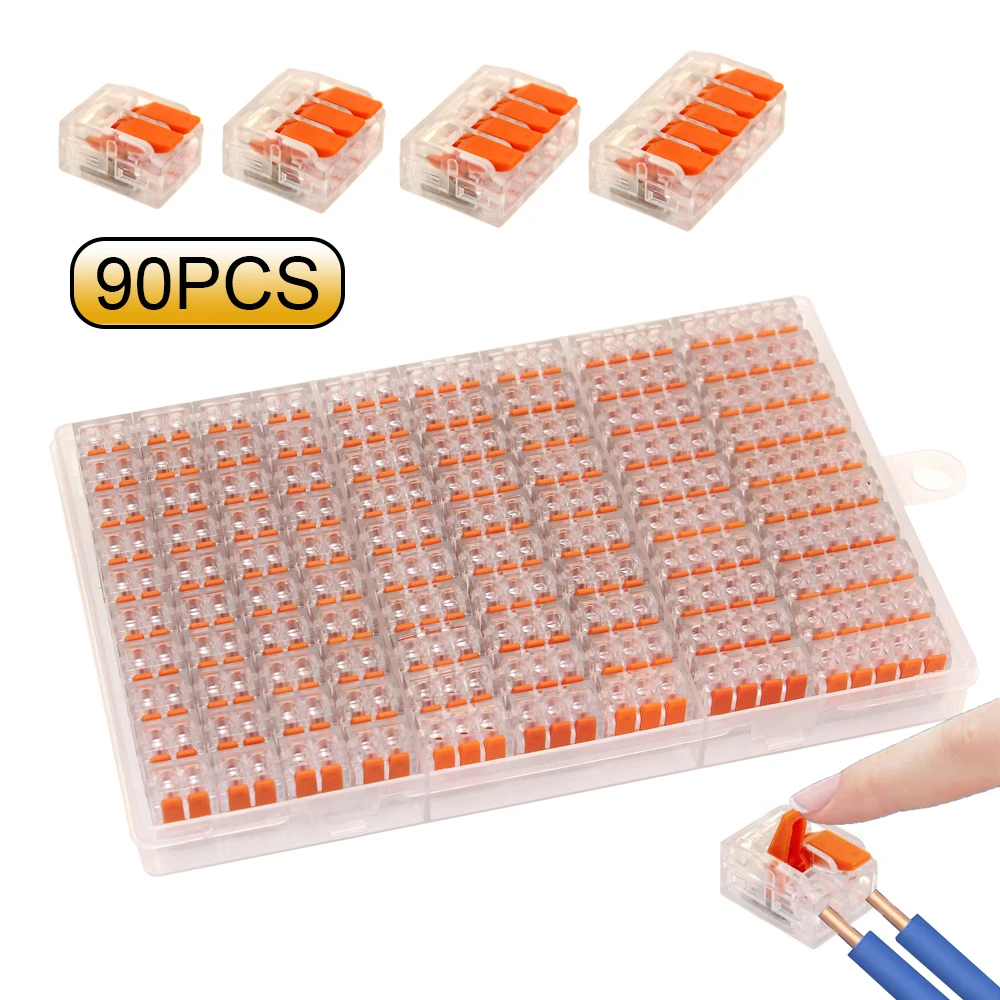 Caja de 20/90 Conectores de Cable Eléctrico de Palanca, 2, 3 y 5 Puertos, Abrazadera de Cable Eléctrico, Mini Conector de Cable Rápido