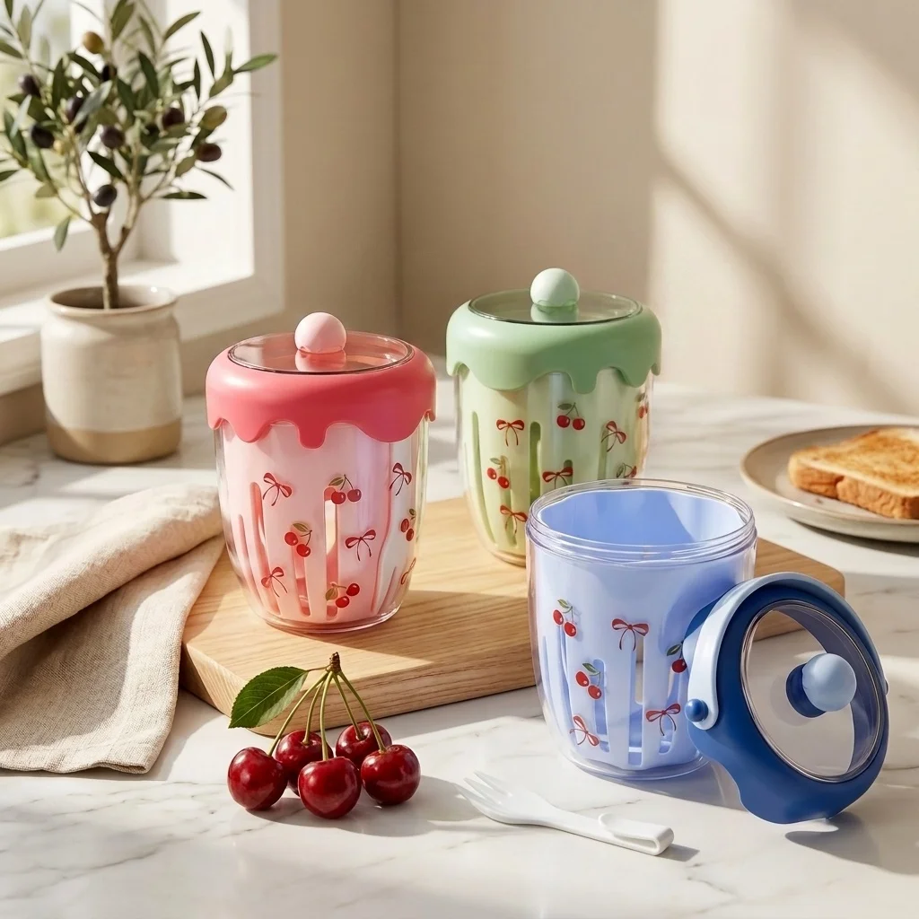 Portable Plastic Salad Oat Container with Lid Fork Handle Fruit Yogurt Cup Strainer Bento Lunch Box for Kids School Food Storage