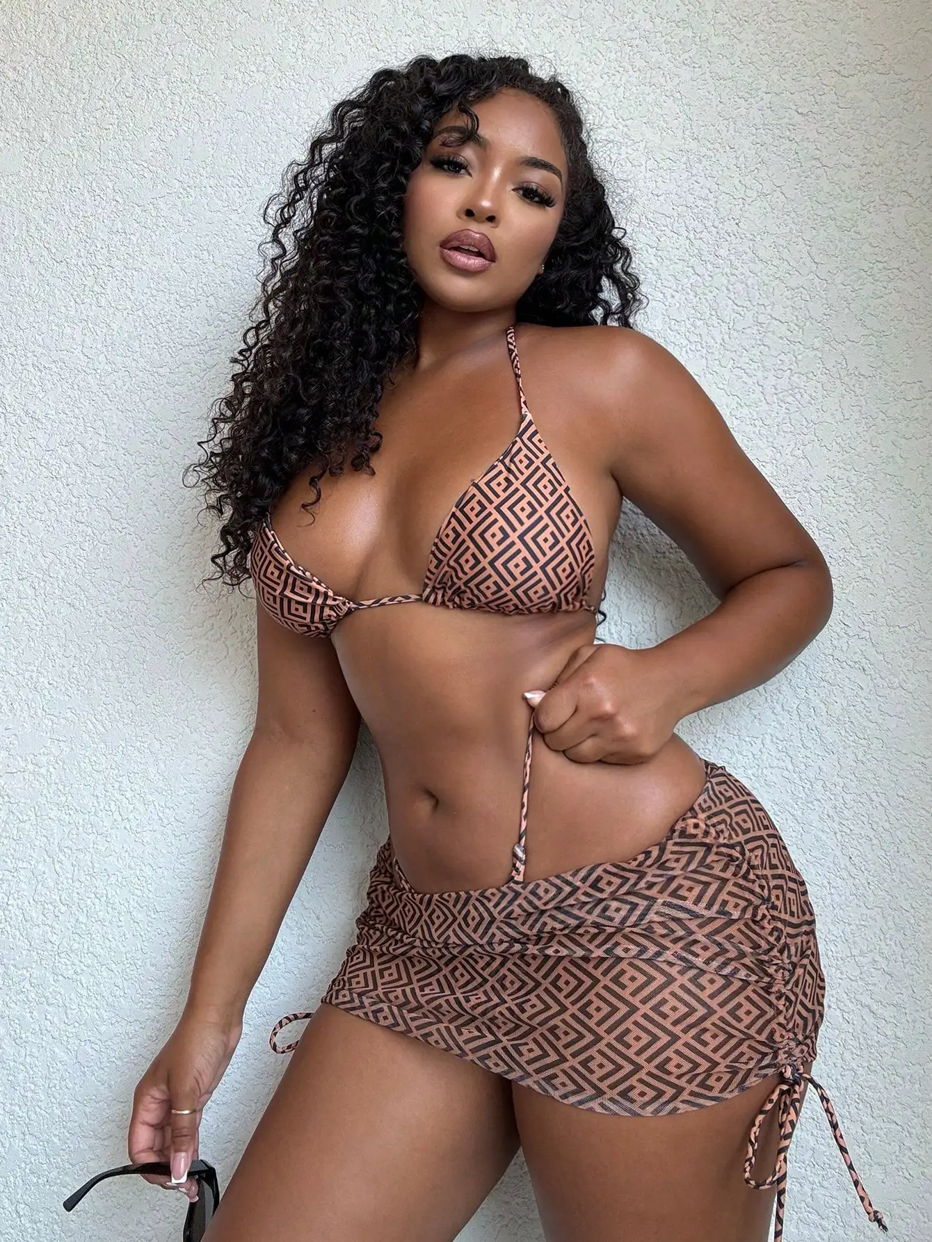 

Geometric Print Triangle Halter Bikini Set With Matching Beach Skirt, 3-Piece Summer Festival Boho Swimwear