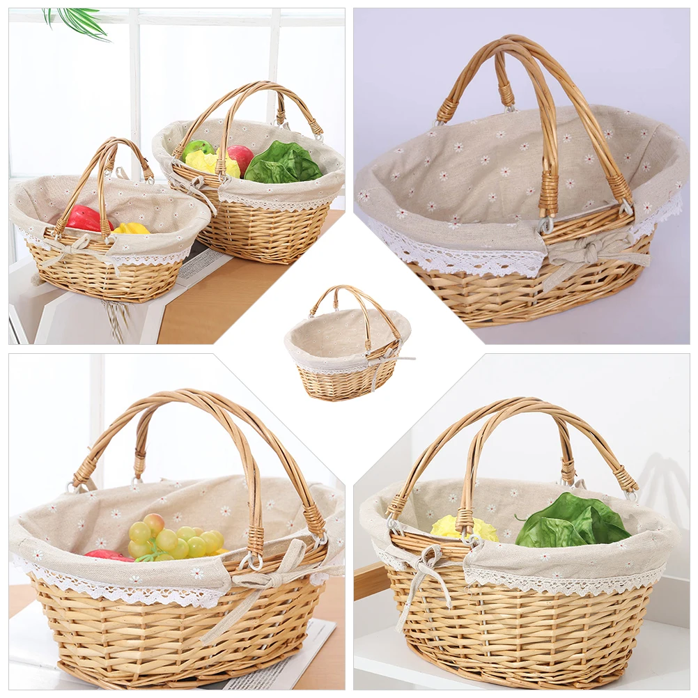 

1pc Picnic Basket Willow Handle Storage Toy Flower Baskets Khaki Storage Basket Rattan Rustic Home Decorative Functional