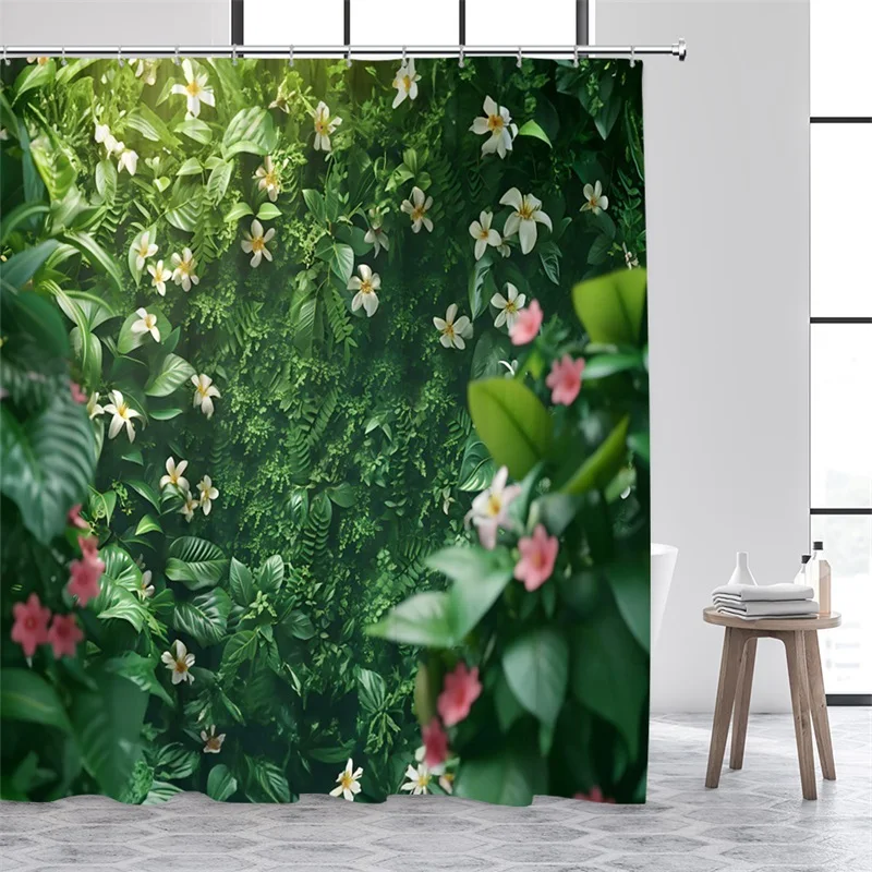 Green Leaves Shower Curtains Tropical Leaf Garden Vine Plant Wall Hanging Fabric Home Bathroom Decor Bath Curtain Set with Hooks