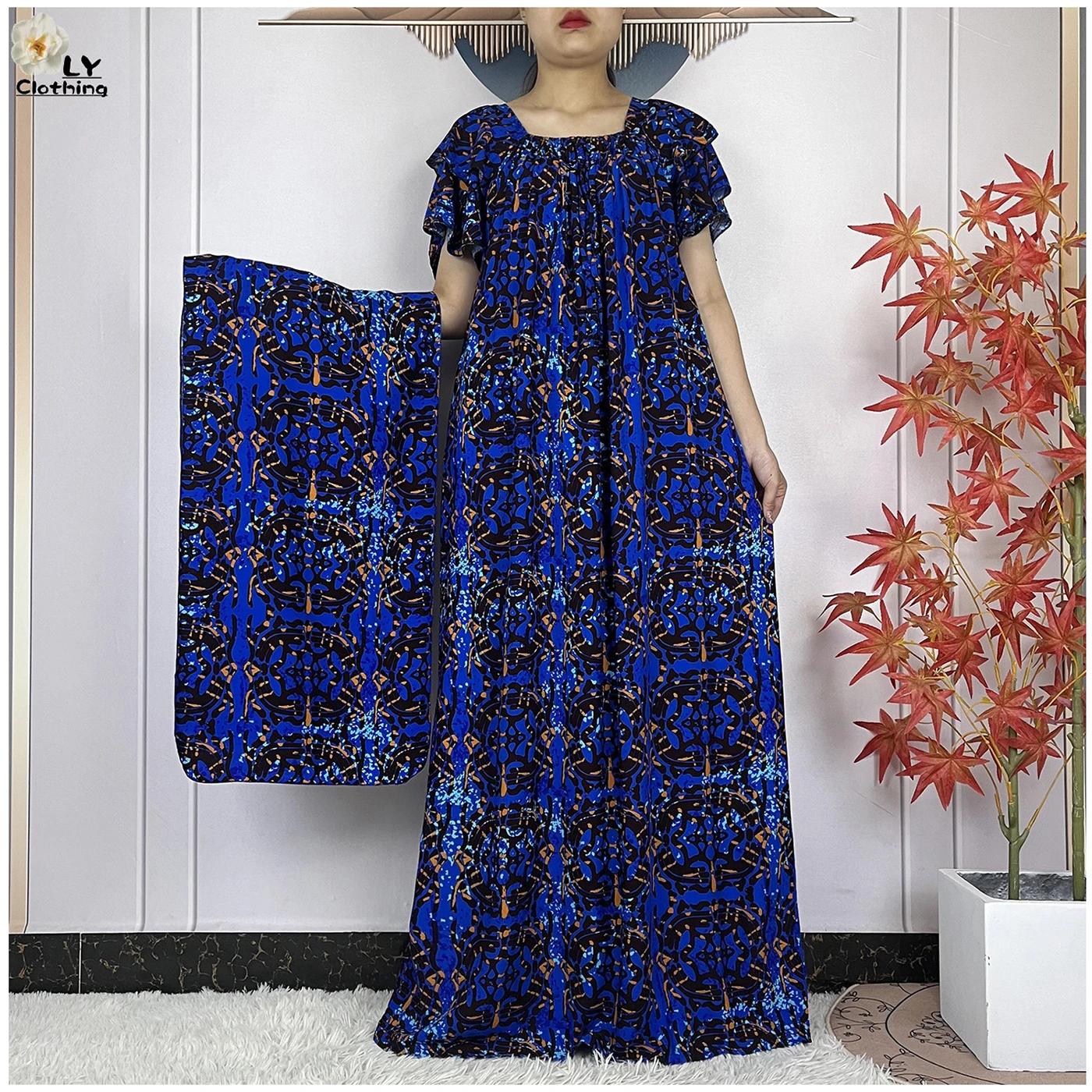 2024 Summer Short Sleeve African For Women Dashiki Dubai Printed Cotton Loose Fit Femme Robe Muslim Sets Abaya With Headscarf