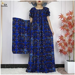 2024 Summer Short Sleeve African For Women Dashiki Dubai Printed Cotton Loose Fit Femme Robe Muslim Sets Abaya With Headscarf