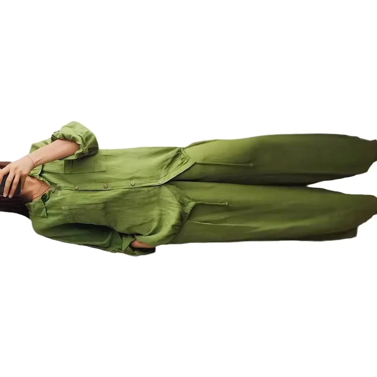 Solid Color Shirt Set Women's Pants Set Autumn Fashion 2026 New Item Cotton Linen Top Button Tied Wide Leg Pants Two-piece Set