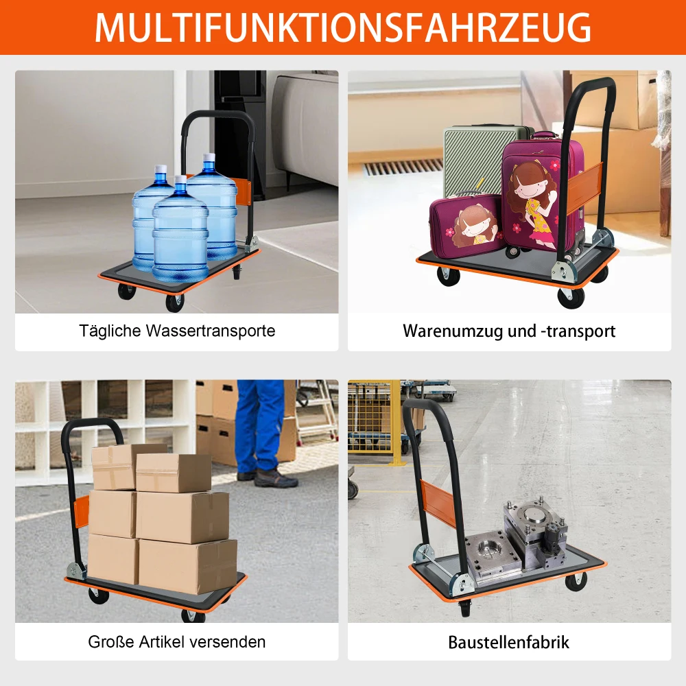 Flachbett-Trolley, Plattformwagen mit 150 KG Tragfähigkeit, 360-Grad-Schwenkräder, Faltbarer Trolley für Beladung und Lagerung – Detail 33
