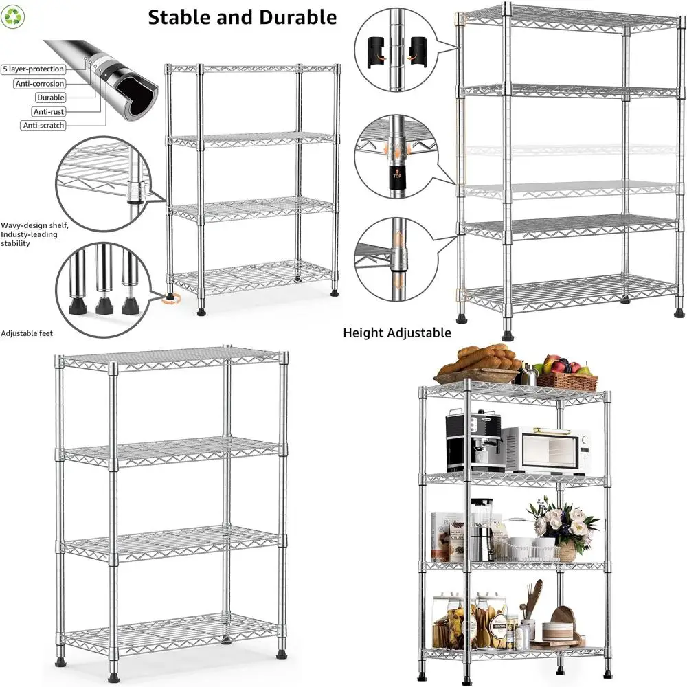 

4-Tier Steel Storage Shelving Unit - 1000 lbs Capacity, Chrome Finish, Ideal for Home, Kitchen, or Office (13.7 D x 23.6 W x 53.