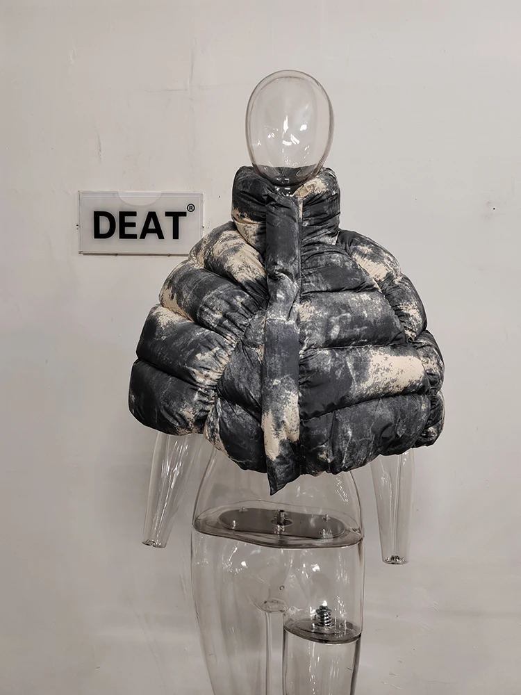 DEAT-Abrigo acolchado de algodón Tie Dye para mujer, Parkas cortas gruesas con cremallera y cuello alto, chaquetas cálidas para invierno, novedad de