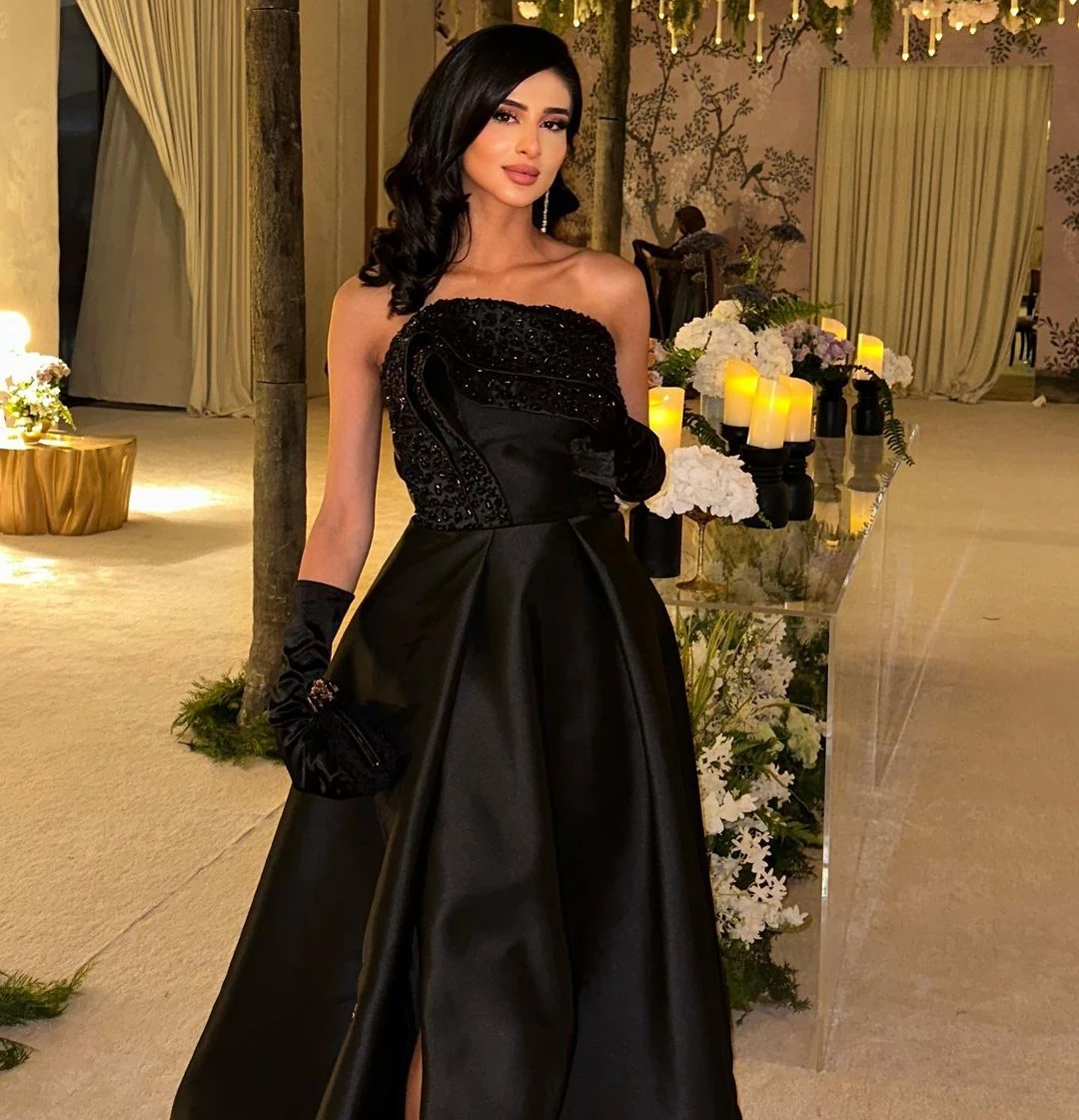 

Fashionvane Black Satin Side Slit Long Vestidos Prom Dresses Ruched Sequins Strapless Robe Des Marrige Zipper Back Evening Dress