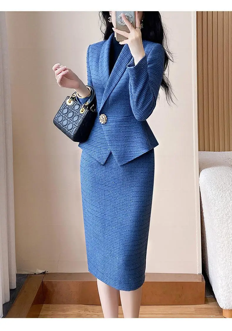 Insozkdg الفاخرة الأزرق بدلة قصيرة سترة المرأة الخصر التخسيس دعوى الإجتماعي الراقية ميدي تنورة مجموعة قطعتين مجموعة ملابس النساء
