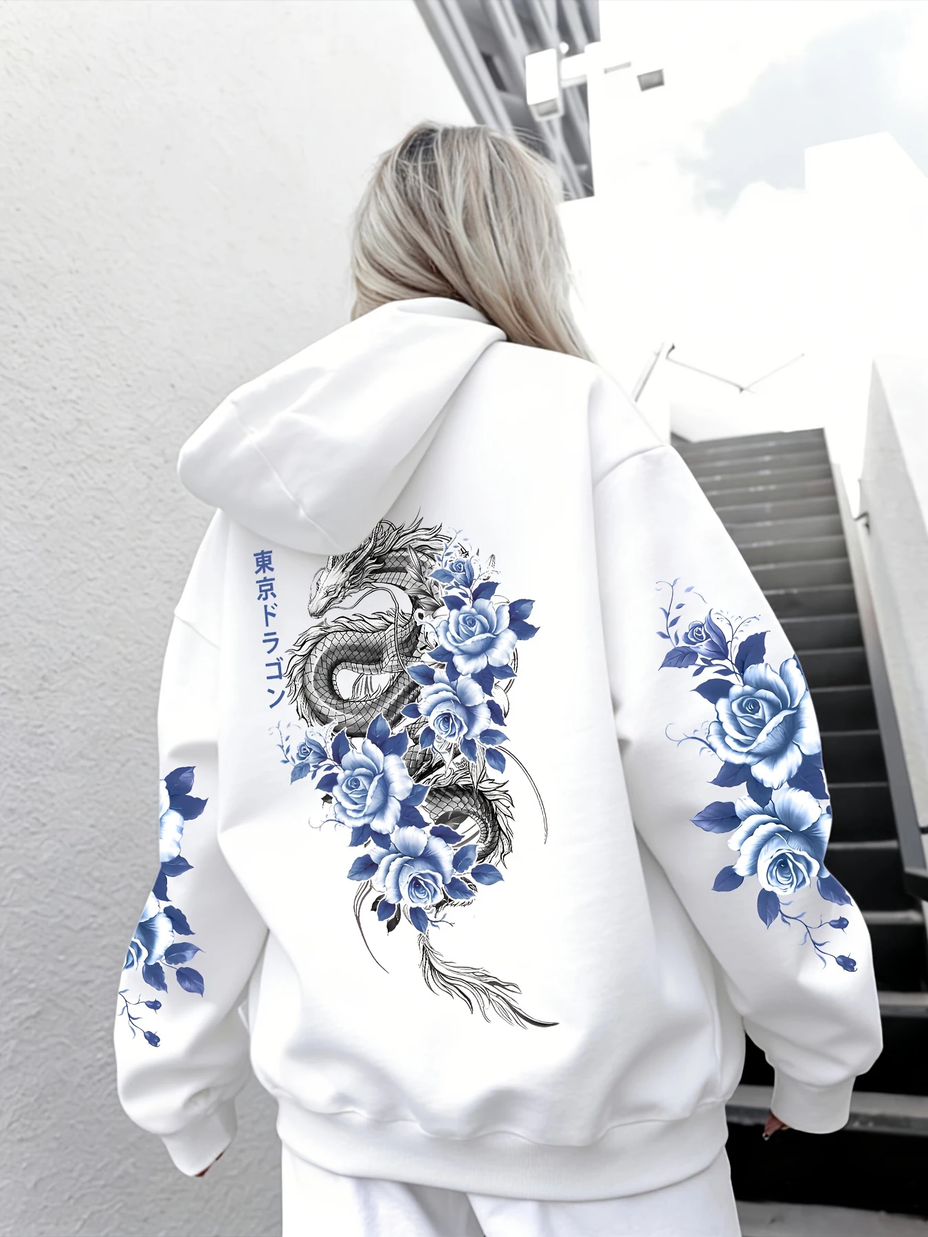 Japanische Tokyo Blue Rose Dragon bedruckte Damen-Hoodies, lockerer Pullover mit Tasche, Herbst-Fleece-Hoodie, Y2K Koreanischer Jogging-Streetwear – Detail 12