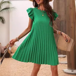 2024 Summer Women Loose Pleated Beach Solid Dress Ruffle Sleeve Sweetheart Pleated Dress Mini Dress Eleganckie zielone sukienki