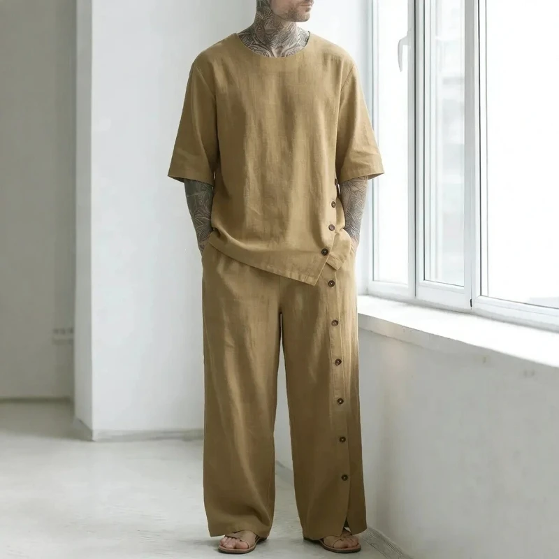 Men's Irregular Hem Trousers Set, Casual Button-up Half-sleeve Shirt Loose Two-piece Suit