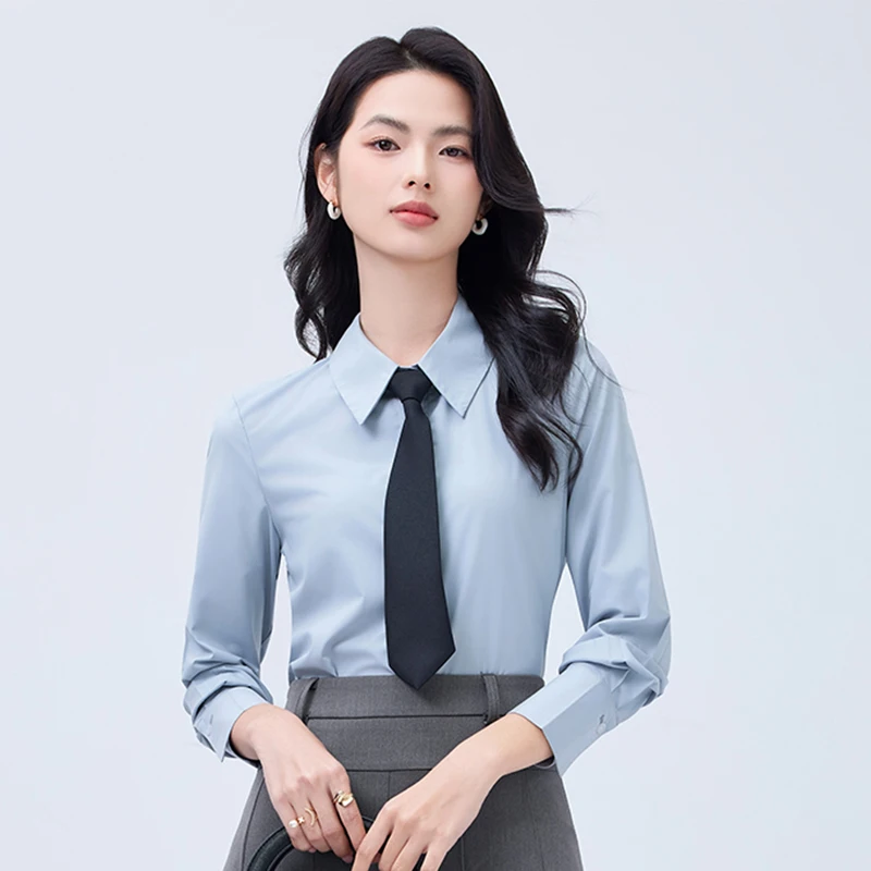 春の女性用青と白の通勤長袖シャツ、新しいハイエンド通勤プロの痩身フォーマルシャツ