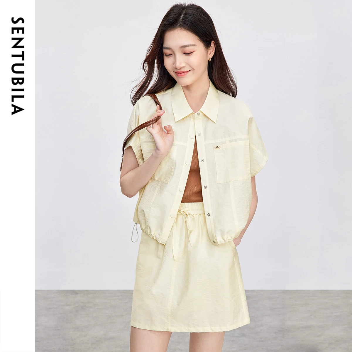 

SENTUBILA Women's Two Pieces Set 2025 New Lapel Short Sleeve Shirt Elastic Waist Mini Skirt New in Matching Sets 152Z87899