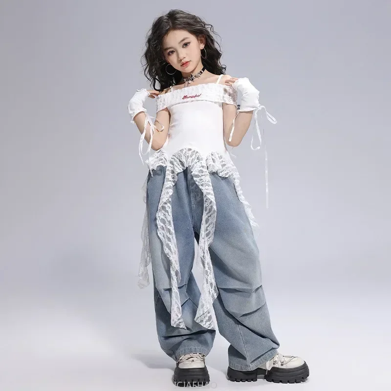 

Kid Hip Hop Clothing Dance Costumes Clothes White Off Shoulder LaceParachute Jeans Baggy Pants for Girl Top Denim Blue Casual