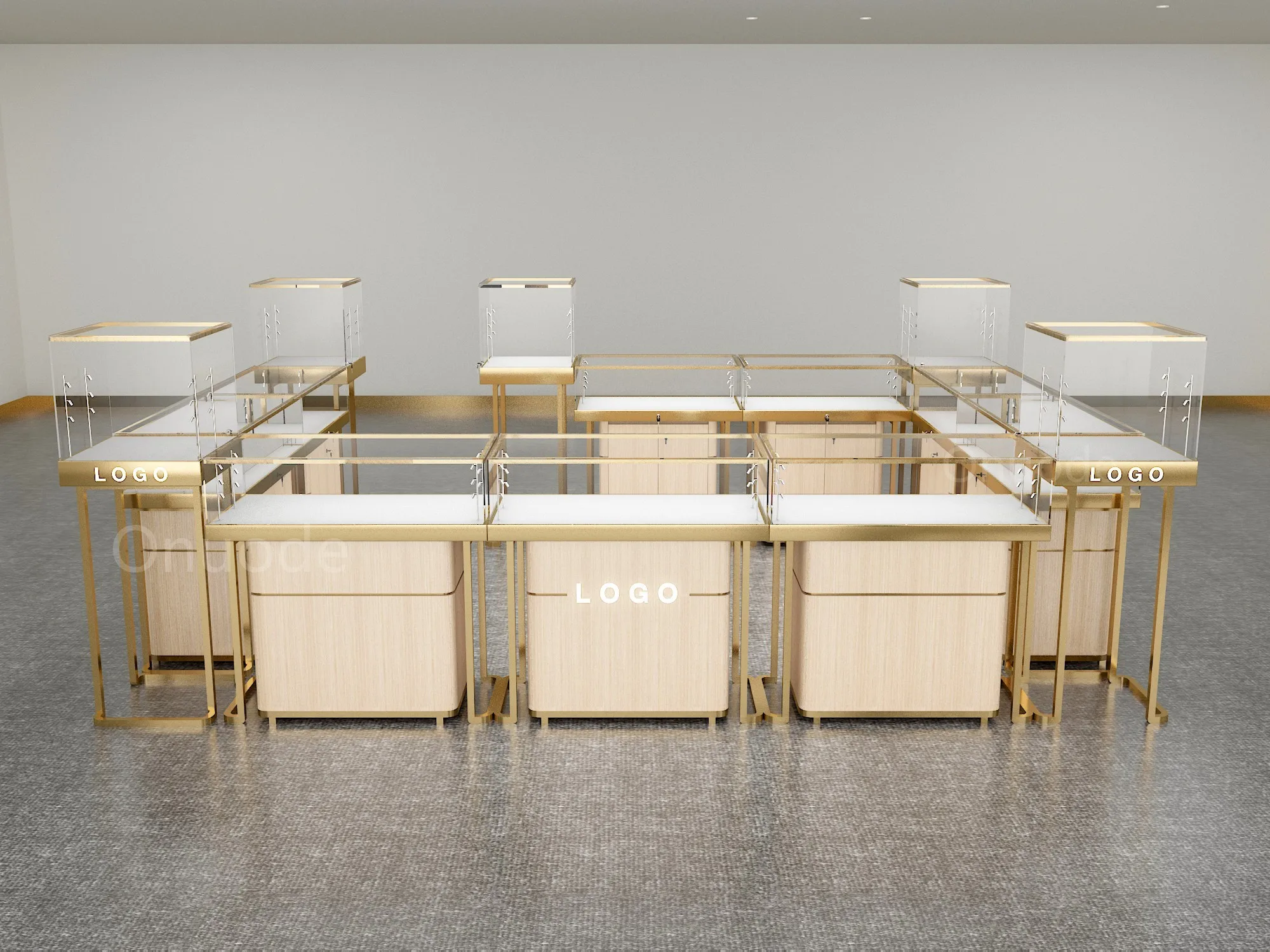 Custom.Modern Luxury Jewelry Display Showcase untuk Showroom Toko Ritel Pusat Perbelanjaan Lampu LED Kaca Tempered Logam MDF Perhiasan