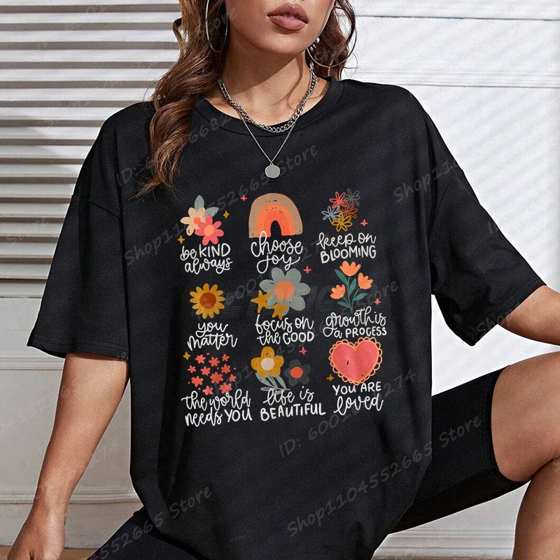 Wildflower Be Kind Always Choose Joy Print T-shirt For Women Summer Short Sleeve Crew Neck Tops Ladies Overszied T Shirt