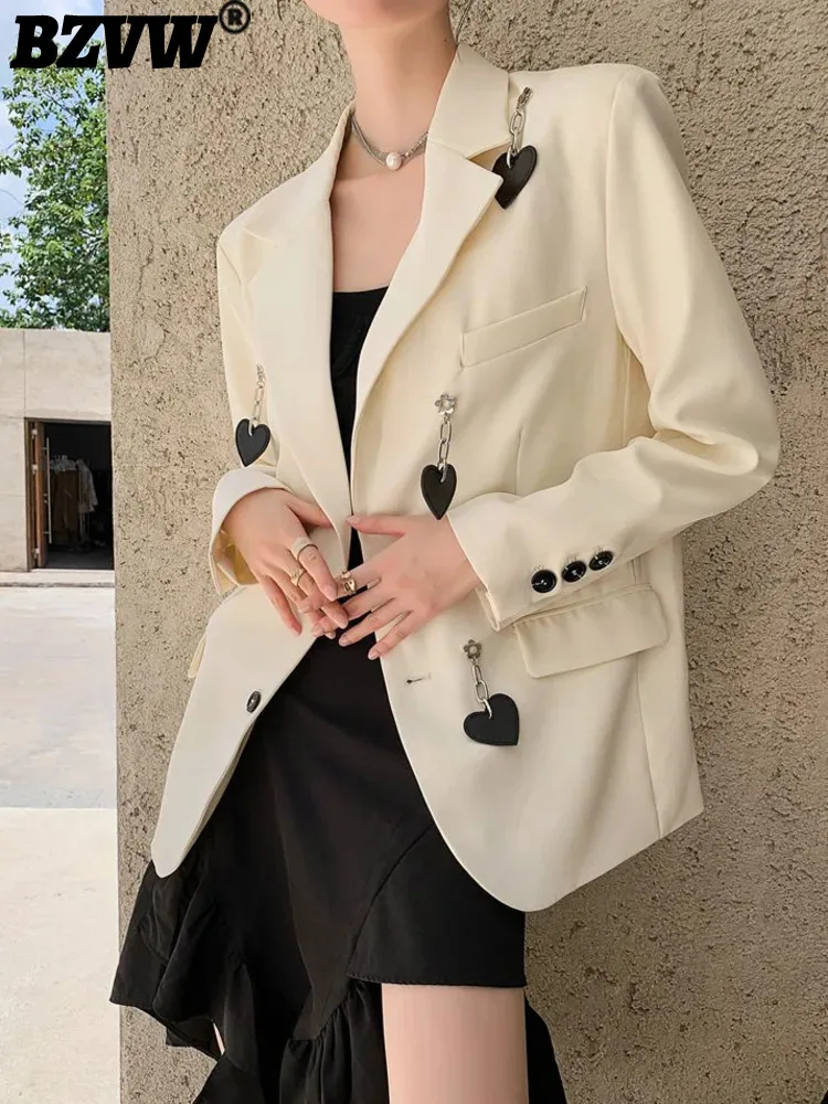 

BZVW Niche Designer Blazers For Women Notched Collar Long Sleeves Heart Pendant Decoration Female Fashion Coat New 2DA5220