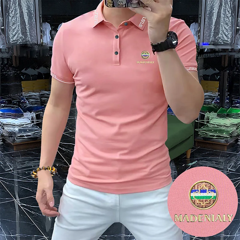 New Summer Golf Polos For Men Hot Diamond Maple Leaf Letter Ice Silk Beaded Cotton Work Polos Multi-Color Slim Breathable M-4XL