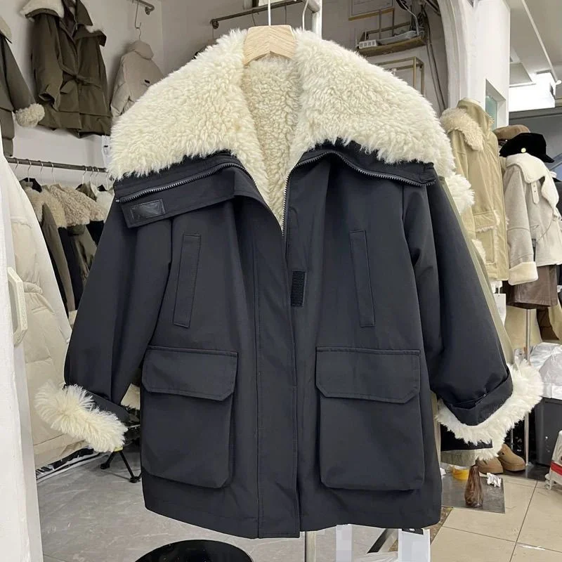 Women Cotton Coat Fashion Big Collar Plush Thick Casual Cotton Coat 2025 Winter Jacket Workwear Style Parker Coat Tops Female