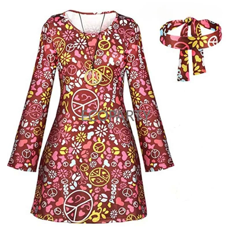 drop ship  New Women Ladies Hippie 60s 70s Hippy Flower Fancy Dress Costume Flares Adult Outfit Dress for Women  Summer Dress