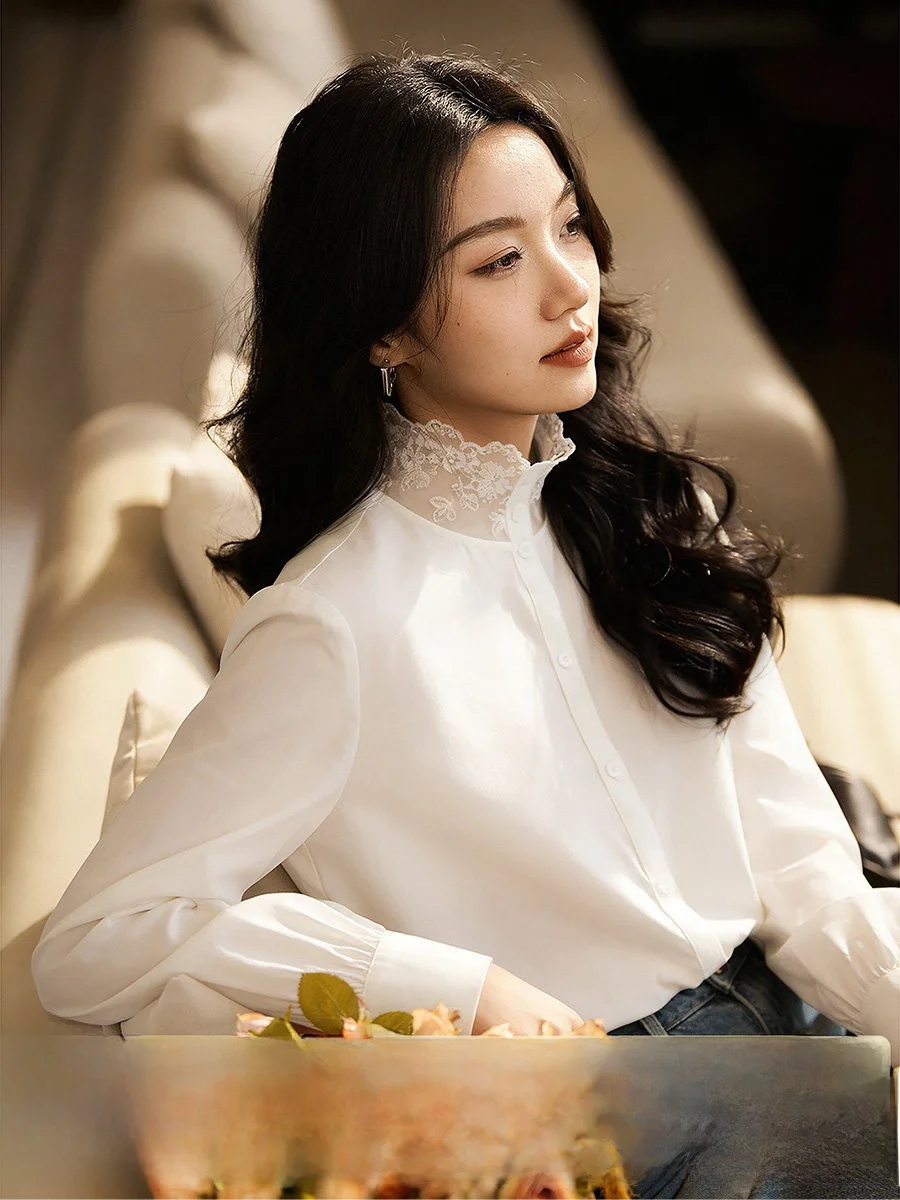 

Ele Lace Patchwork Collar Comfortable Cotton Stretch irt Women's Sle White Moonlight Spring 2026 Xhange Faion Brand