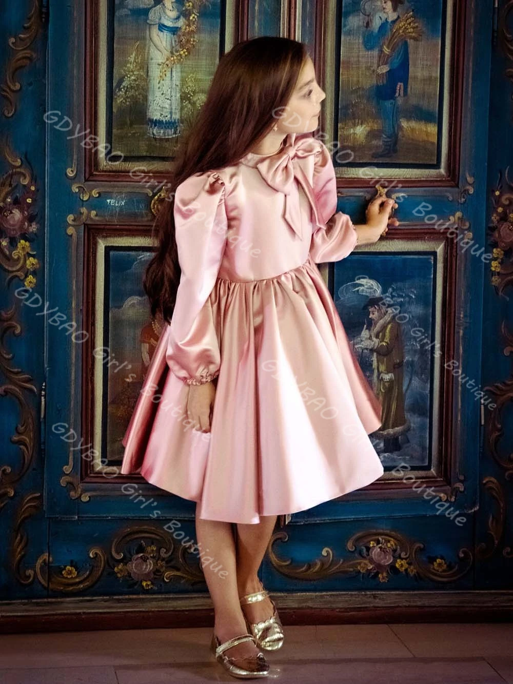 فستان فتاة الزهور من الساتان الوردي للأطفال برقبة دائرية وأكمام طويلة بطول الركبة فستان الأميرة مع فيونكة مخصص لحفلات الزفاف #3