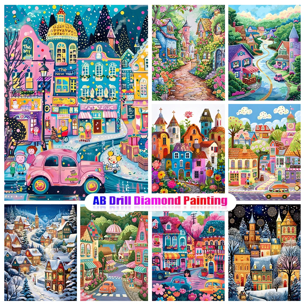 5D Cartoon Fairy Tale World Colorful Castle Town Scenery Diamond Painting AB Diamond Mosaic Embroidery Art Home Decor