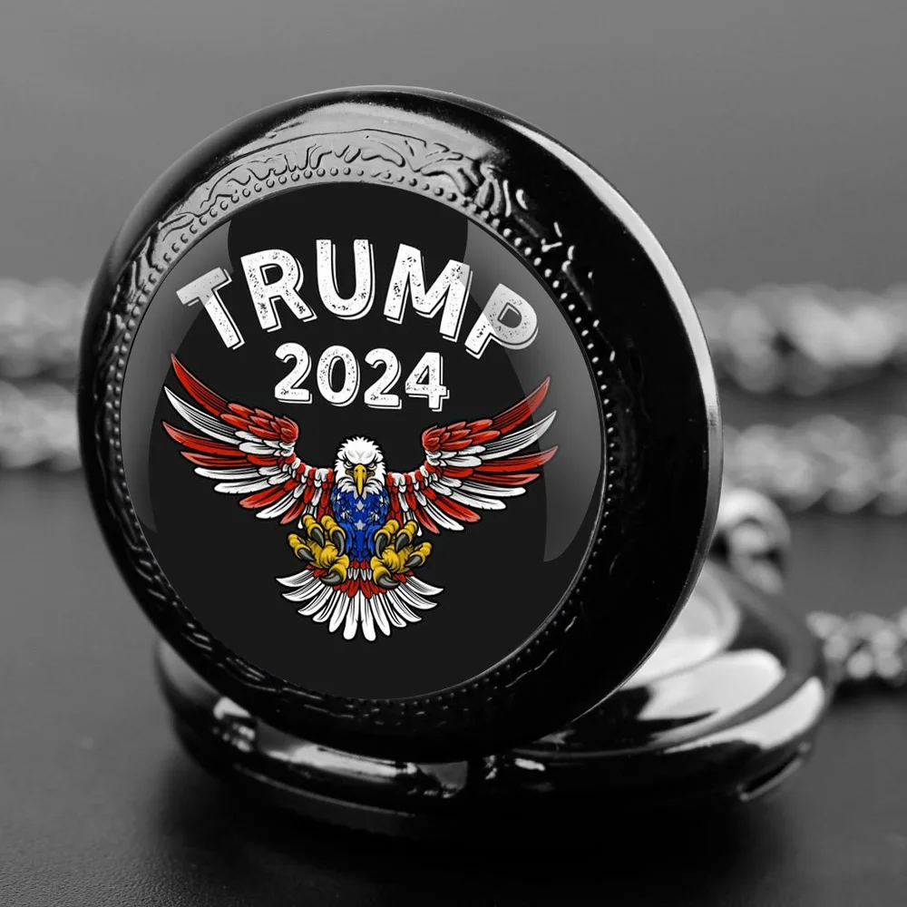 Trump 2024 Design Glass Dome Quartz Pocket Watch with Durable Chain Arabic Numeral Dial for Men and Women Creative Gifts