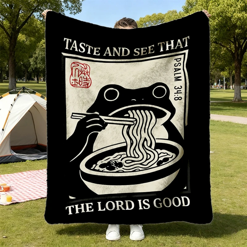 Taste and See Flannel Blanket Psalm 34, Christian Frog Ramen Flannel Throw, Funny Faith Foodie Cozy Blanket