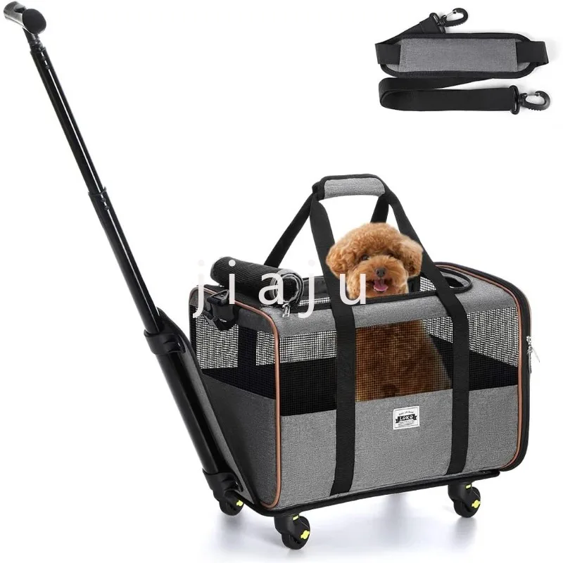 

Cat Dog Carrier with Wheels Airline Approved Rolling Pet Carrier with Telescopic Handle and Shoulder Strap, Grey