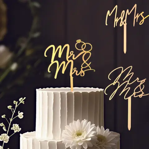 3 pezzi Topper per torta nuziale Tre stili in acrilico dorato Decorazione per torta Mr e Mrs Accessori per la cottura Decorazioni per feste