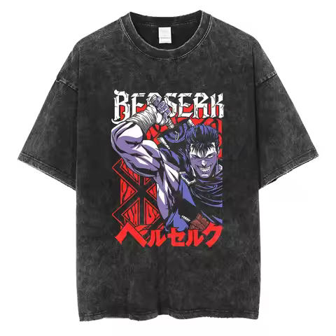Hip Hop Streetwear Men Washed Vintage Tshirt Anime Berserk Graphic Print Oversized T-Shirt Summer Casual Loose Cotton T Shirt