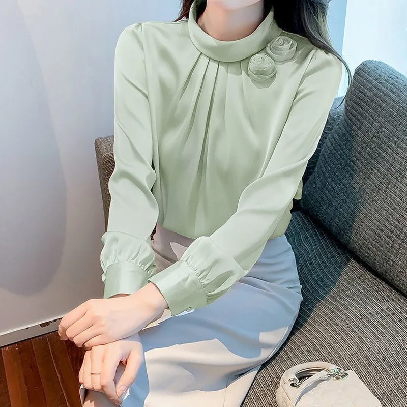 Temperament Solid Color Thin Blouse Spring New Long Sleeve Youth All-match Loose Elegant Shirt Tops Fashion Office Women Clothes