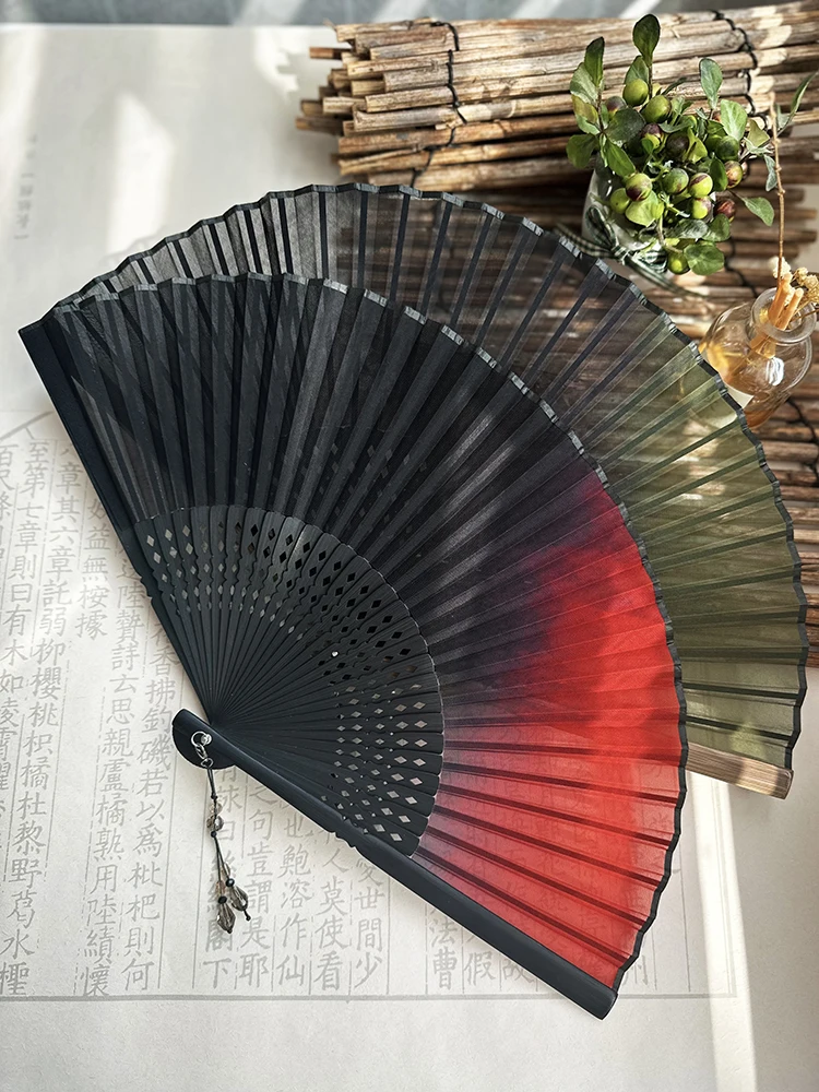 China Red Fan Daily Hand Fan Chiffon Silk Cloth Durable Portable Fan Outdoor Play Decorative Fan Wedding Hand Fan Dance Fan