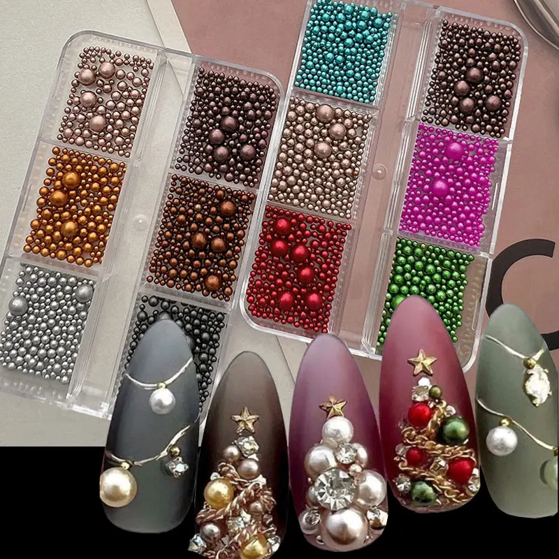 6グリッド 3D クリスマス ゴールド/シルバー/レッド/グリーン ネイル キャビアビーズ レジン ラウンドパール ネイルラインストーン ミックスサイズ パール ネイル用品