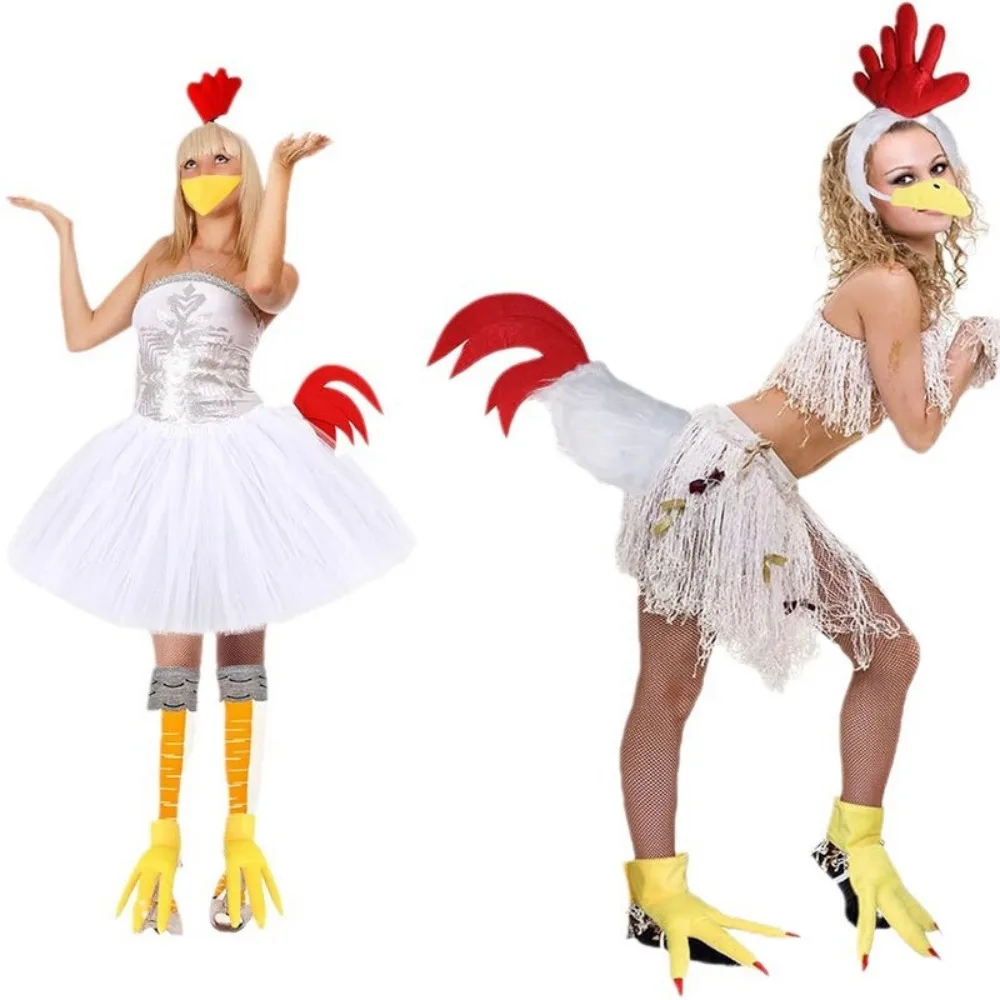 Conjunto de disfraz de pollo, diadema de pollo, guantes de cola de nariz, falda tutú, calcetines para mujer, vestido de gallo de Halloween, traje de Acción de Gracias