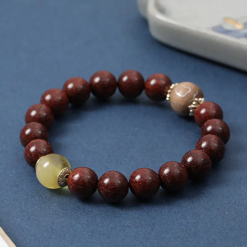 Rosewood Inlaid Silver Chinese Zodiac Triad Six Word Mantra Bracelet Beaded Taoist Bracelet New Chinese Style Gifts